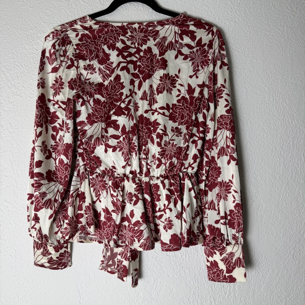 Flower & Feather Womens S Burgundy Floral Tie Front Puff Sleeve Blouse Fall Boho